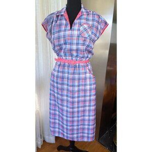 Vintage late 70s dress, pink blue plaid pattern, short sleeves, Ilan Fashions